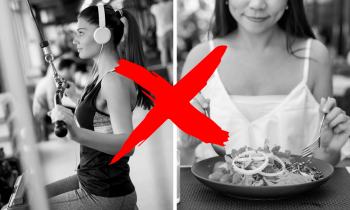 Imagem de uma mulher malhando ao lado de uma fazendo uma alimentação saudável